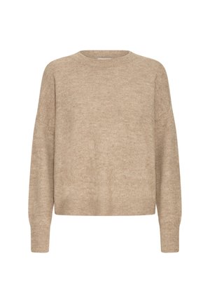 Beige strikket sweater med rund halsudskæring, ribbede manchetter og kant. Har en let løs pasform og blød tekstur.