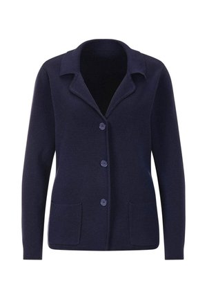 Navy blue knitted cardigan with collar, long sleeves, three buttons down front, and two front patch pockets.
