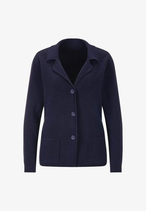 Donkerblauwe gebreide cardigan met kraag, lange mouwen, drie knopen aan de voorkant en twee opgestikte zakken aan de voorkant.