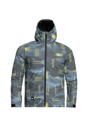 Grau isolierte Jacke mit gelben abstrakten Mustern. Sie verfügt über einen Reißverschluss an der Vorderseite, eine verstellbare Kapuze und elastische Bündchen für einen sicheren Sitz.