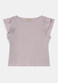 Lawendowy krótki sweter na krótkie rękawy z falbankowymi rękawami i subtelnym teksturowanym kwiatowym wzorem, rozmiar dla malucha 5Y.