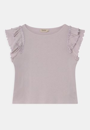 Lavendel kortærmet strikket top med flæser på ærmerne og en subtil tekstureret blomsterlinje, størrelse 5Y til småbørn.