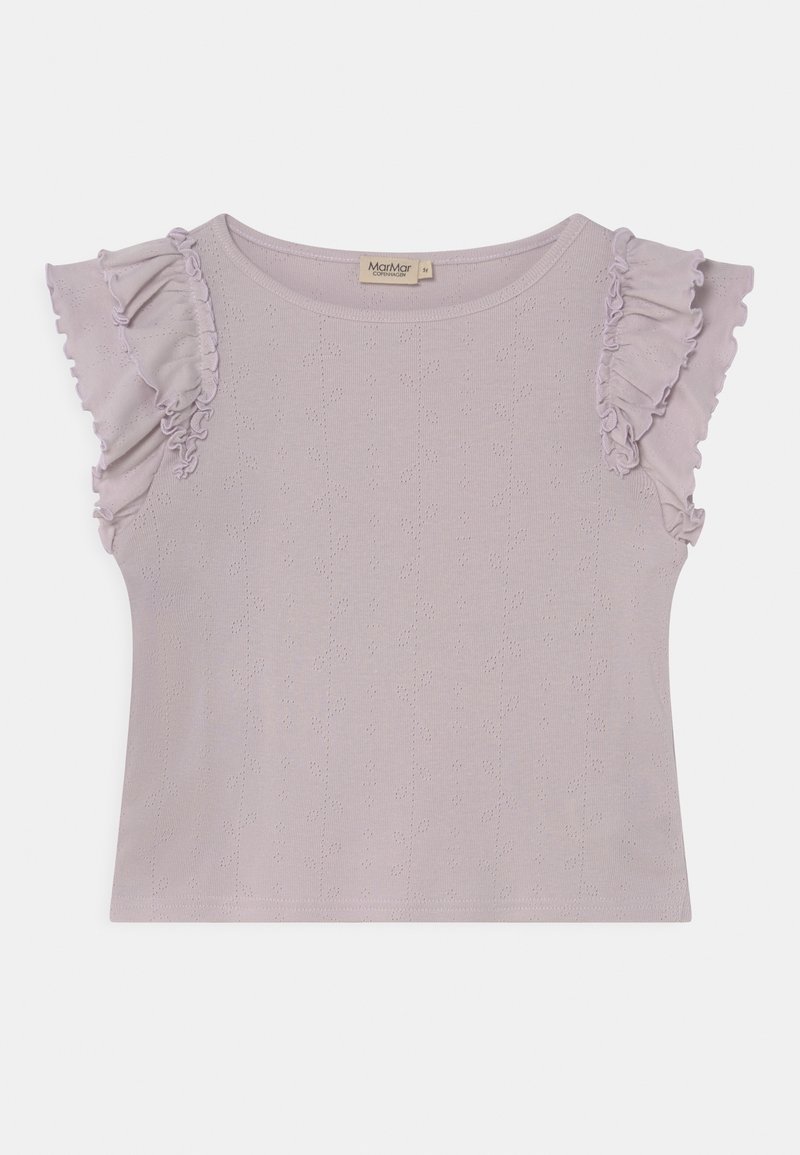 Lawendowy krótki sweter na krótkie rękawy z falbankowymi rękawami i subtelnym teksturowanym kwiatowym wzorem, rozmiar dla malucha 5Y.