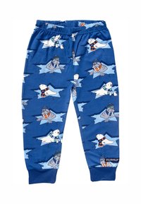 Blue pajama pants made of soft fabric with a playful pattern featuring polar bears and walruses in colorful scarves. Elastic waistband, cuffed hems.