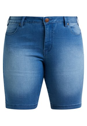 Denim shorts i mellem blå vask, med et klassisk fem-lomme design, knaplukning og lige ben med en glat tekstur.