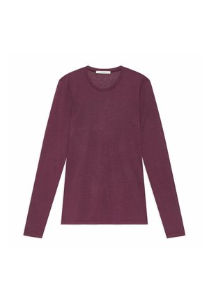 Maroon long-sleeve top made of soft fabric, featuring a crew neck and a seamless design. Smooth texture with no patterns or accents.