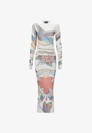 Long-sleeve, form-fitting dress featuring a white background with colorful tattoo-style prints, including roses, birds, and text.
