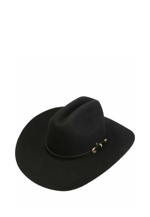 Schwarzer Filzcowboyhut mit breiter Krempe und geflochtenem Band mit goldfarbenen Akzenten auf weißem Hintergrund.