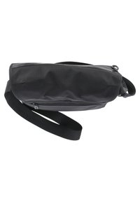 Black crossbody bag with a smooth, textured surface. Features a zip closure and adjustable strap, designed for practical use and easy carrying.