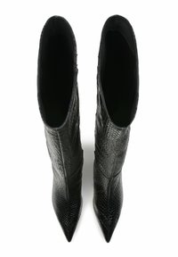 Black leather ankle boots with a pointed toe. Features a textured, reptile-inspired pattern and a sleek, fitted design.