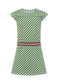Striped dress featuring green, white, and red horizontal stripes, round neck, short cap sleeves, and a red and green striped waistband.