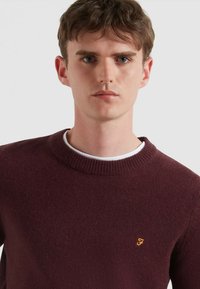 Maglione a maglia bordeaux con collo rotondo, polsini e orlo a coste. Presenta un piccolo logo arancione sul lato sinistro del petto. Texture morbida.