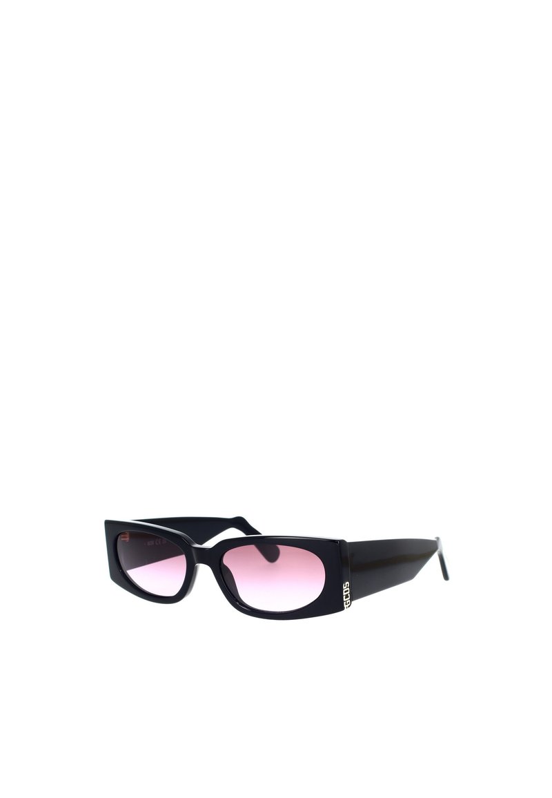 Occhiali da sole neri rettangolari con lenti rosa sfumate. Presentano una montatura elegante e bracci testurizzati, evidenziando un design minimalista.