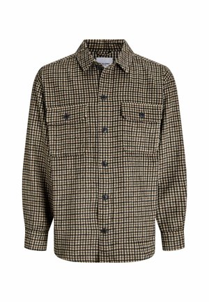 Chemise manches longues à boutons avec motif pied-de-poule marron, beige et noir et deux poches poitrine à boutons.