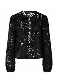 Svart blondetopp med lange ermer, blomsterordninger og svarte satengsløyfer foran; teksturert med et gjennomsiktig, intrikat design.