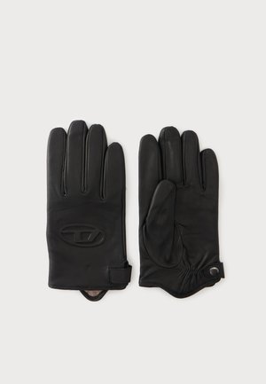 Paire de gants en cuir noir posés à plat, l’un montrant le dos avec un détail de logo, l’autre la paume avec une fermeture à bouton-pression.