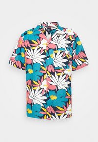 Short-sleeve shirt featuring a dark blue background with vibrant floral patterns in pink, white, and aqua. Includes a front pocket and button closure.