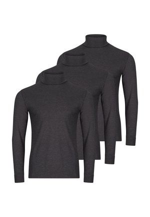Drei dunkelgraue Rollkragenpullover mit langen Ärmeln, übereinander gestapelt, Vorderansicht auf einfachem weißem Hintergrund.
