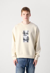 Beige sweatshirt med rund hals, med en sentral grafisk utskrift av abstrakte former og striper; myk tekstur og avslappet passform.