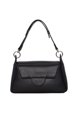 Borsa nera con esterno in morbida pelle sintetica, manico corto, forma rettangolare arrotondata e dettagli in metallo argentato. Presenta una chiusura a pulsante.