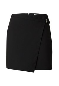 Zwarte wikkelrok gemaakt van gladde stof, met een zijrits en een gespsaccent, met een rechte snit en zonder patronen.