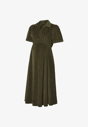 Olive green corduroy knee-length dress with short sleeves, button-up front, collar, and gathered waist detail.