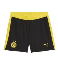 Pantaloni sportivi neri con pannelli laterali gialli, caratterizzati da un logo circolare con "BVB 09" e due stelle, e un piccolo logo Puma giallo.