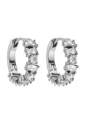 Silver hoop earrings featuring oval and round clear gemstones, with a textured band design and a secure hinge closure.