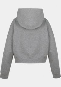 Szara, krótka bluza z kapturem, wykonana z miękkiego materiału. Posiada kaptur, długie rękawy i ribbowe wykończenia. Minimalistyczny design bez widocznych grafik czy wzorów.