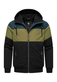 Hooded Jacke mit einem Farbblockdesign in Olivgrün, Türkis und Schwarz. Sie verfügt über einen Frontreißverschluss und dekorative Lederakzente an den Taschen.