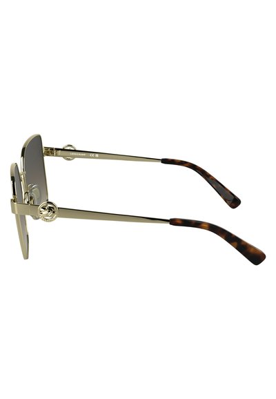 Lunettes de soleil en métal doré avec des verres rectangulaires, des branches en acétate écaille de tortue et des accents de logo sur le côté.