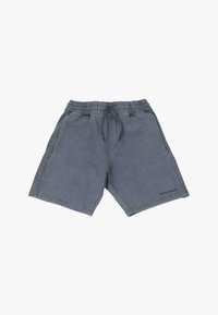 Grå bomuldsshorts med elastisk linning, snor, sidelommer og et logo på det nedre højre ben. Glat tekstur og afslappet design.