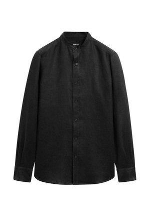 Black button-up shirt with a mandarin collar, long sleeves, made from a textured fabric, featuring a slim fit and a straight hem.