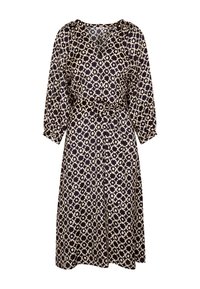 Sukienka w wzory w ciemnym granacie i kremie. Posiada dekolt w serek, długi rękaw, zwężoną talię oraz florystyczny wzór geometyczny. Lekki materiał.