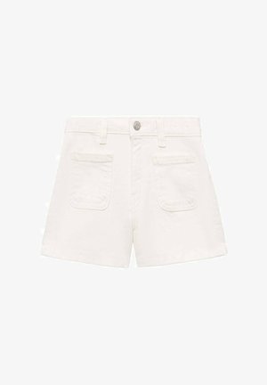 Bele denim kratke hlače s klasičnim dizajnom. Imajo sprednje zapiranje na gumb in dva zadnja žepa. Gladka tekstura s čistim zaključkom.