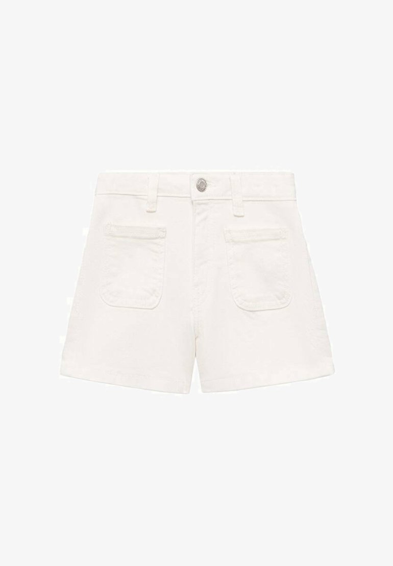 Bele denim kratke hlače s klasičnim dizajnom. Imajo sprednje zapiranje na gumb in dva zadnja žepa. Gladka tekstura s čistim zaključkom.