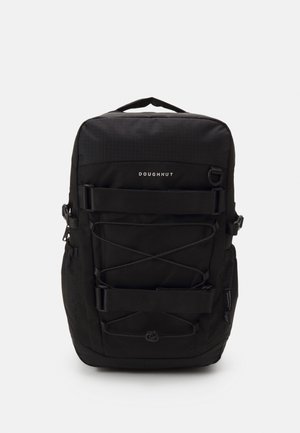 Black backpack with a textured fabric, featuring an elastic cord on the front, adjustable straps, and a small logo at the top.