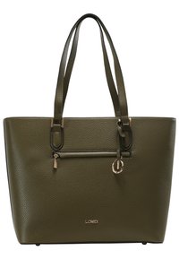 Sac fourre-tout texturé vert olive avec deux bretelles, accents dorés, une poche zippée à l'avant et un détail pendentif rond. Marque L.CREDI.