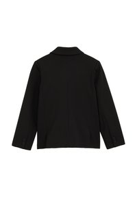 Czarny żakiet z klapami, długimi rękawami i zapięciem na guziki. Gładki materiał o dopasowanym kroju i detalach szwów na plecach.