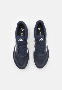 Navy athletic shoes with a mesh upper, white three-stripe design, rounded toe, and cushioned sole. Features laces and branded insole.