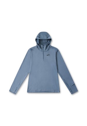 Hellblauer Sportpullover mit Kapuze, Viertel-Reißverschluss-Vorderseite, langen Ärmeln, strukturiertem Stoff und kleinem Logo auf der Brust.