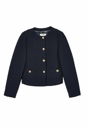 Navy jacket with a textured fabric, round neckline, gold buttons, and two front pockets. Cropped design with long sleeves.