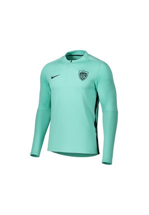 Langärmeliges, helltürkisfarbenes Sportoberteil mit Viertelreißverschluss, schwarzem Nike-Logo auf der rechten Brust und schwarzem Sportteam-Emblem auf der linken Brust.