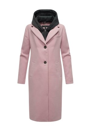 Manteau en mélange de laine rose avec une coupe ajustée, des revers, deux poches avant et une capuche grise amovible avec fermeture éclair.