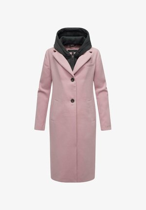 Manteau en mélange de laine rose avec une coupe ajustée, des revers, deux poches avant et une capuche grise amovible avec fermeture éclair.
