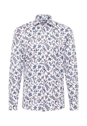 Chemise à manches longues avec un fond blanc et un motif floral complexe en bleu et marron. Dotée d'un col et d'une fermeture à boutons.