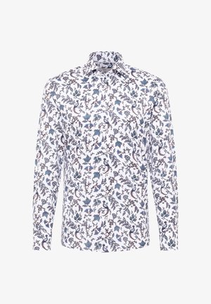 Chemise à manches longues avec un fond blanc et un motif floral complexe en bleu et marron. Dotée d'un col et d'une fermeture à boutons.