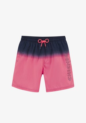 Badeshorts mit einem Farbverlauf von Marineblau zu Pink, elastischem Bund mit verstellbarem Kordelzug und einer Seitentasche.