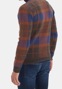 Hnědý a modrý károvaný pletený svetr s žebrovanými manžetami a spodním lemem, texturovaný materiál, slim fit, zobrazený ze zadu. Džíny jsou viditelné níže.