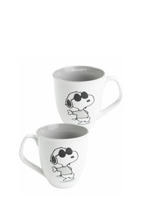 White ceramic mug featuring a black and white illustration of a dog in sunglasses. Interior is gray; handle is curved and ergonomic.